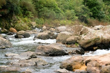 water flows over the rocks in a river in the mountains, the ohenemuri river
