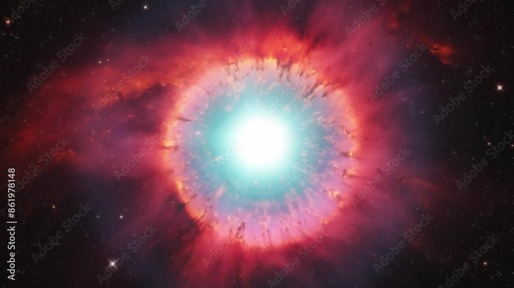 Wall mural cosmic red nebula in the shape of a circle, in the center of which is a bright star.