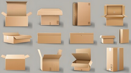 Cardboard boxes. Deliver craft packages front and side view decent vector realistic illustrations