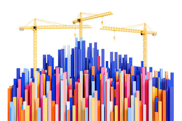 3D illustration of building construction colorful buildings in the city Top view of several skyscrapers and buildings under construction on a massive scale - clipping path