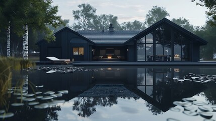 Obraz premium visualization of a serene lakeside cabin with navy blue vinyl siding, perfectly mirroring the cold, tranquil water