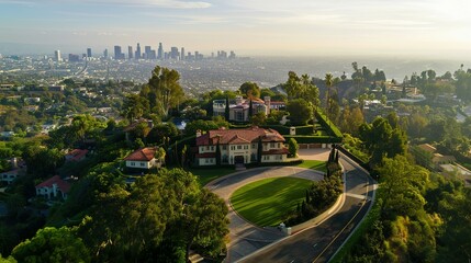 Upscale Los Angeles Mansion Seen from the Sky with Beautiful City Views: Aerial Photography in Luxury Real Estate