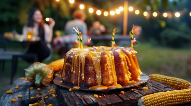 Traditional corn or Brazilian cornmeal cake served during June festival on a decorated rustic wooden table