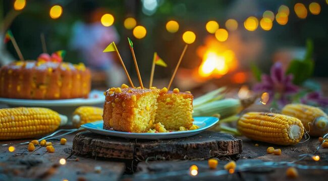 Traditional corn or Brazilian cornmeal cake served during June festival on a decorated rustic wooden table