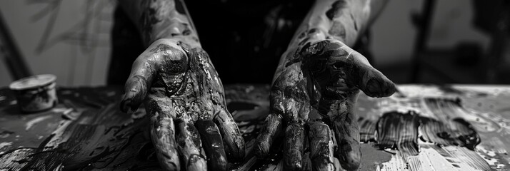 An artists hands covered in paint demonstrating their passion and dedication to their art. Black and white art
