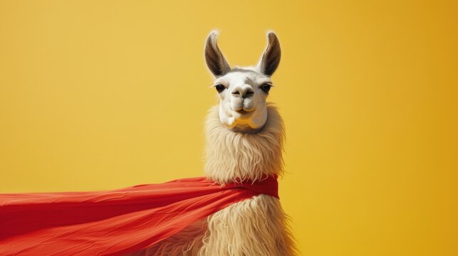 Llama with red cape on yellow background, studio shot. Fun and quirky animal theme concept