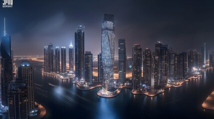 1. Create a stunning aerial view of the Dubai Marina skyline at night, with its iconic twisting Cayan Tower and shimmering lights reflecting on the waters of the Persian Gulf, showcasing Dubai's