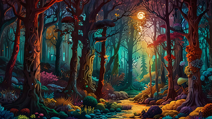 Fototapeta premium illustration of an abstract depiction of a magical fantasy wonderland forest