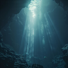 Obraz premium Deep ocean view with shafts of light breaking through the surface, illuminating a hidden underwater cave system and two divers diving inside. 