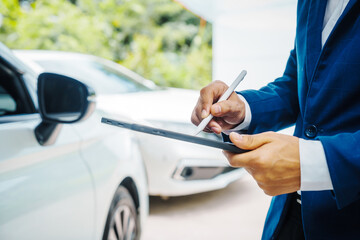businessman in suit and car auto insurance agent assess car damage, discussing deductible, claims,...
