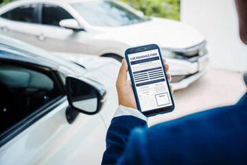 businessman in suit and car auto insurance agent assess car damage, discussing deductible, claims, coverage options comprehensive and collision insurance, completing necessary forms and appraisals.