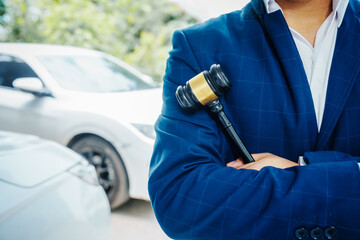 businessman in a suit and a lawyer, holding a wooden gavel, stand in front of a car, discussing legal aspects like citations, liability, and negligence related to a traffic violation...