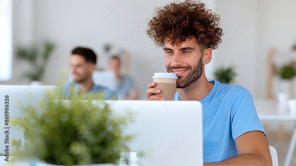 Wall mural smiling young caucasian entrepreneur working on laptop computer at a cafe