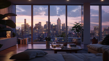 Obraz premium Experience twilight in a luxurious apartment, with impeccably styled furniture and decor.