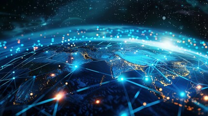 Obraz premium Cyber Technology and Global Connectivity: High-Speed Data Transfer on a Digital Globe