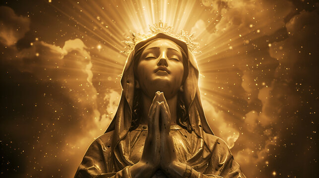 imagen de la virgen Mariacon sus manos juntas en oracion con rayos de luz en oracion saliendo del cielo en tonos dorados