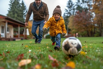 Young Boy Chasing Soccer Ball With Dad on Fall Day