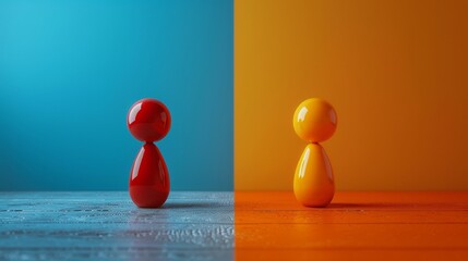 Two small figures, one red and one yellow, stand on a wooden surface