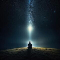 Silhouette of one person meditating in front of vast cosmic sky with bright stars, fantasy scene