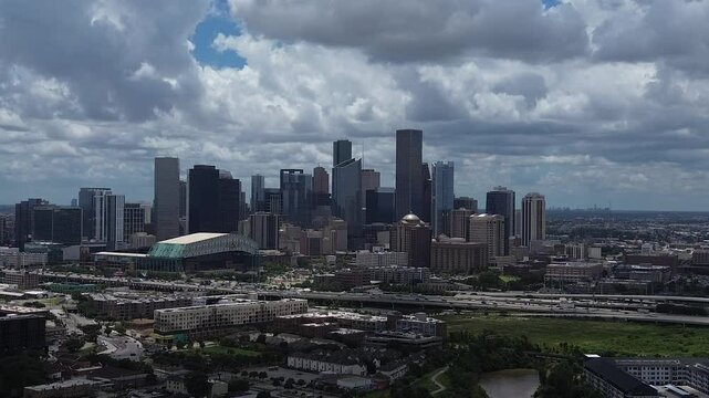 Downtown Houston, Texas during sunset from a drone