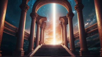 Amazing view with temple and stairs to another world, fantasy scene with columns and shining beam of light