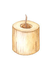Rustic cylindrical candle with short wick watercolor illustration.  Isolated from the background. The candle has a warm, natural tone and is perfect for adding a cozy touch to any design.