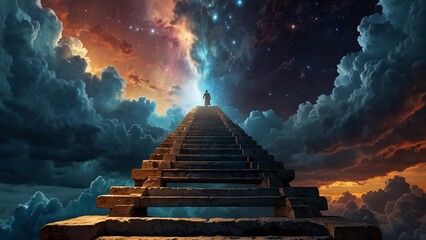 Amazing view with person standing on top of the stairs leading to realm of Gods, fantasy scene with bright shining light and beautiful cloudscape