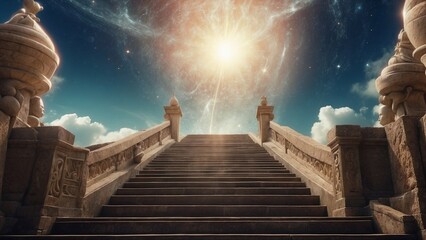 Amazing view with stairs to realm of Gods, fantasy scene with bright shining golden light and beautiful cloudscape