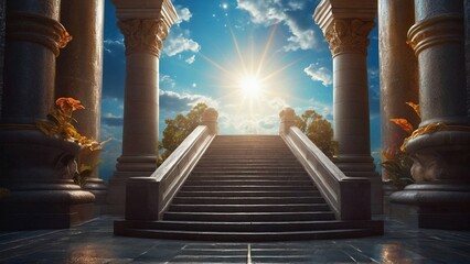Obraz premium Amazing view with temple and stairs to heaven, fantasy scene with bright sun and clouds
