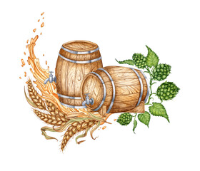 Two wooden barrels with tap, hops and ears of wheat and splashes for beer, wine, cognac, rum, brandy and other alcoholic drinks watercolor illustration. Isolated from the background. Suitable design