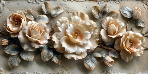 panel wall art, wall decoration, marble background with flowers designs