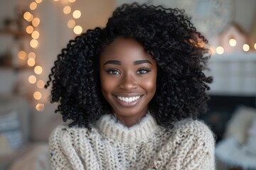 joyful portrait confident young black woman with voluminous natural curls radiant smile warm lighting cozy home setting vibrant skin tones