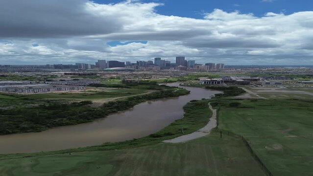 Downtown Houston, Texas during sunset from a drone