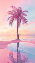 Obraz premium Single pink palm tree reflecting in water at sunrise, tropical landscape. Calm and serene travel concept