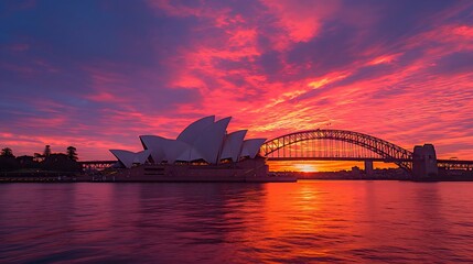 Obraz premium 1. Capture a breathtaking sunrise over Sydney Harbour, with the iconic Sydney Opera House and Sydney Harbour Bridge silhouetted against a backdrop of vivid orange and pink hues, showcasing the city's