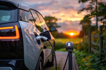 Electric car charging at a station during sunset, sustainable transportation and renewable energy concept
