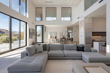 minimalist modern living room sleek grey sofa clean lines neutral color palette large windows natural light contemporary design elements