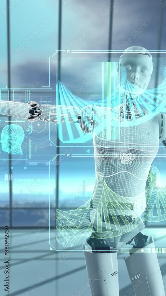 Wall mural android works on a holographic panel with dna. 3d render