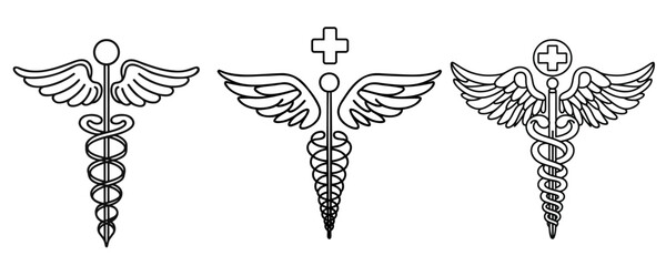 Medical symbol caduceus. Continuous One line drawing on white background. Vector illustration