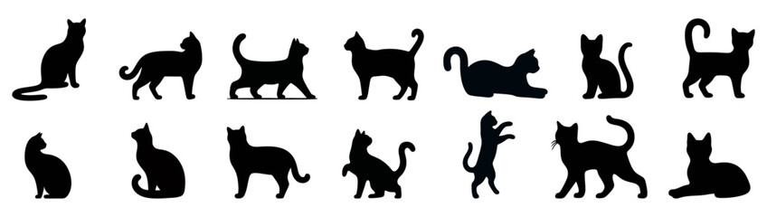 Set of black cat silhouettes.