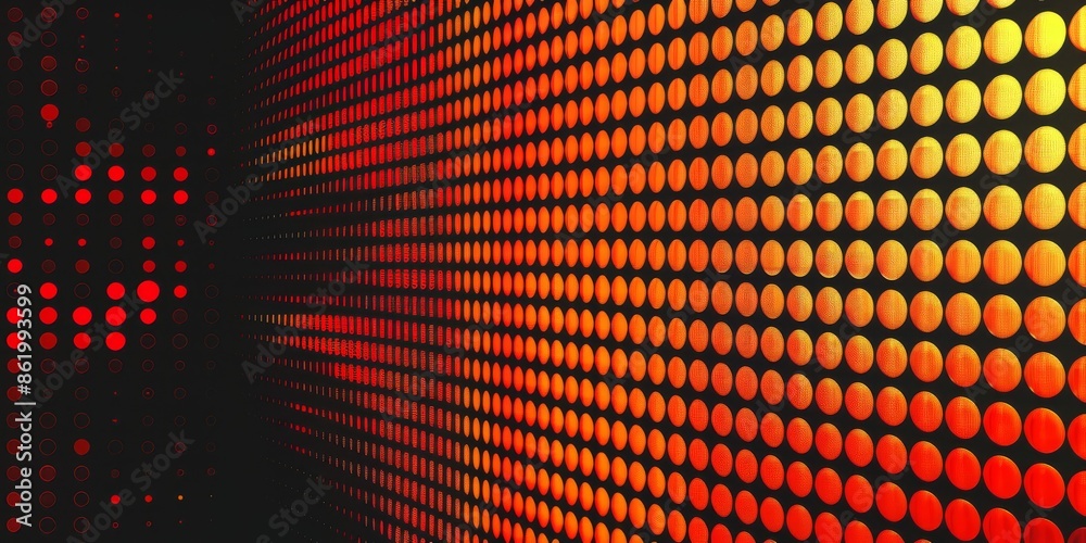 Poster a vibrant display of dynamic red and yellow light dots creating an abstract digital pattern in motio