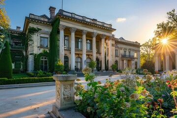 opulent classical mansion grand facade with intricate stonework towering columns and manicured gardens golden hour light enhances architectural details