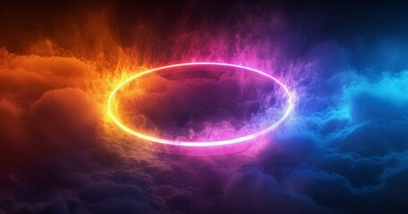 Obraz premium Neon Circle Glowing Above Colorful Clouds In Dark Sky
