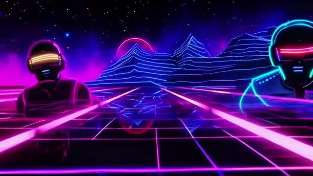 Retro Futuristic Cyberpunk Landscape With Neon vapor wave Lights 