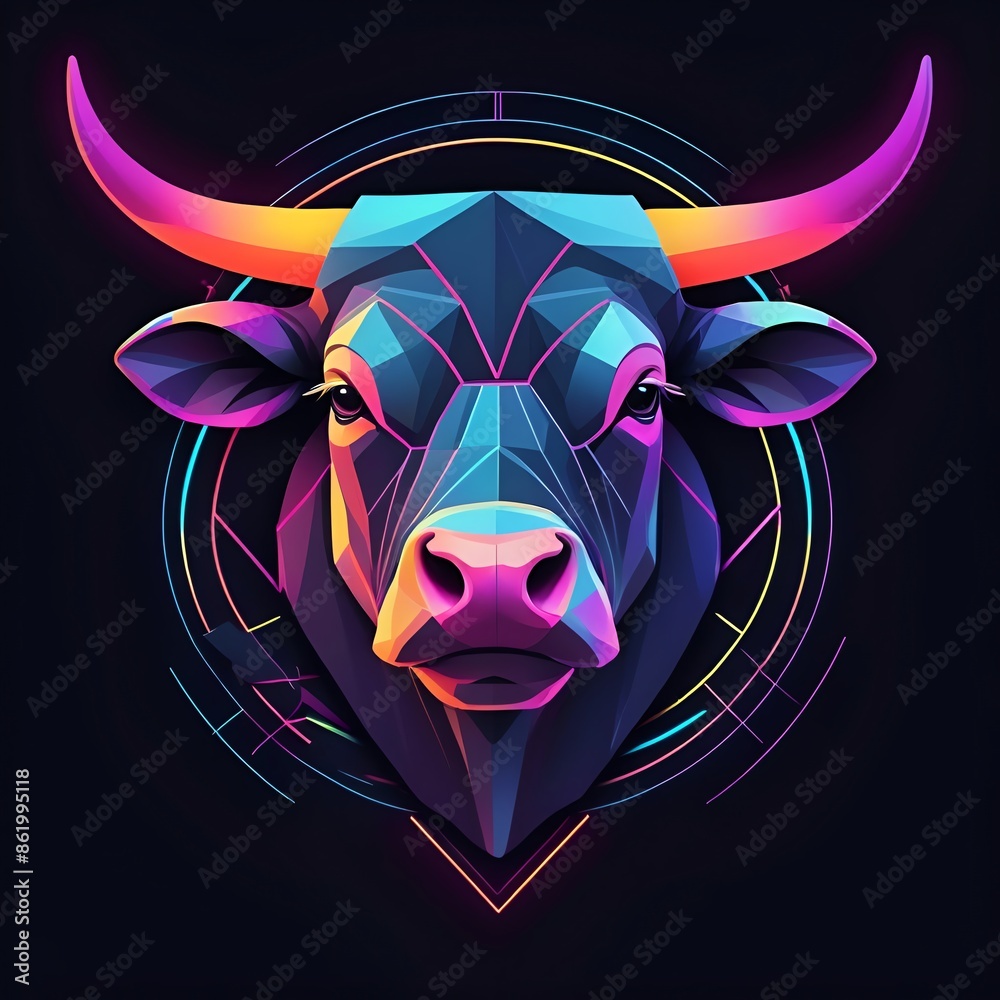 Poster a cow with a pink horn is shown in a neon color