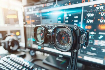 Futuristic racing game in high tech arcade, featuring advanced virtual reality and immersive gaming experience