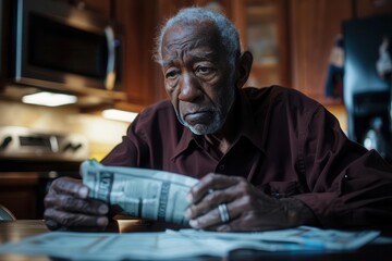 somber portrait of african american senior man at kitchen table surrounded by overdue bills worry lines and dim lighting convey financial stress