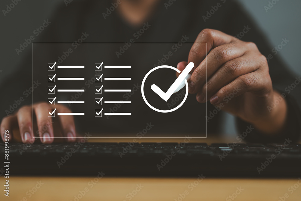 Poster projects digital guarantee, business quality checking, and standardization certification. hand point