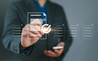 Businessman tick correct sign mark for document approve , project acceptance and quality assurance...