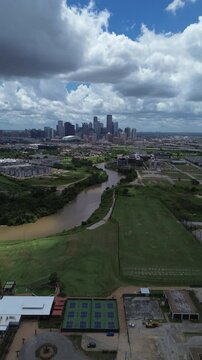 Downtown Houston, Texas during sunset from a drone